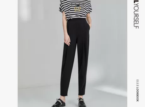ELLE黑色复古休闲裤女2022秋季新款高...