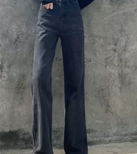 黑灰色阔腿牛仔裤女2022秋冬新款泫雅高腰...