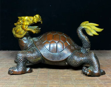 纯铜鎏金回头招财龙龟鎏金工艺漂亮，品相好，...