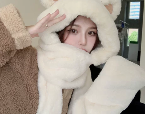 保暖毛绒秋冬季小熊熊帽子围巾一体女冬天毛绒...