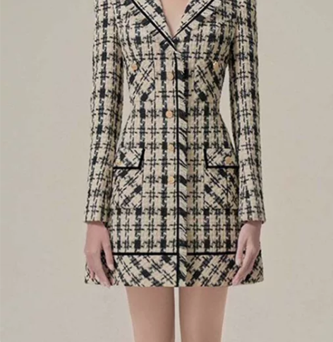 千鸟格小香风连衣裙秋冬越南设计师高级感毛呢...