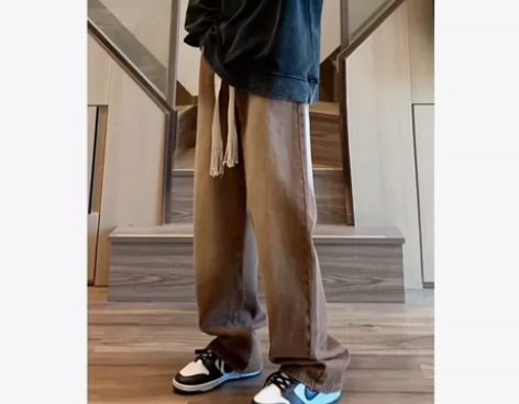 三刀鱼四季款 复古个性抽绳直筒牛仔裤男女学...