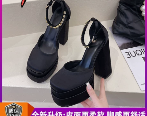 2022春季新款防水台高跟鞋女粗跟百搭黑色...