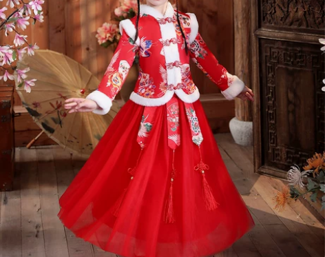 女童汉服新年连衣裙加绒秋冬裙子洋气公主裙儿...