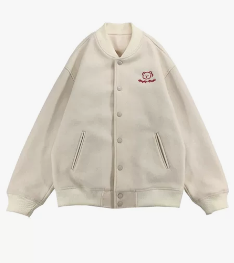 在家可发货）小熊刺绣毛呢棒球棉服女秋冬加厚...