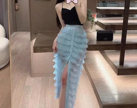 蓝色百褶半身裙女夏季短裙高级设计感小众包臀...