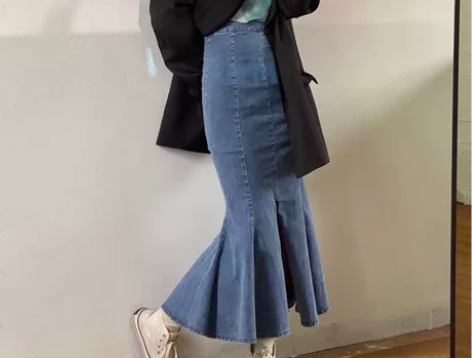 花田橱窗牛仔高腰开叉鱼尾裙半身裙女a字裙中...