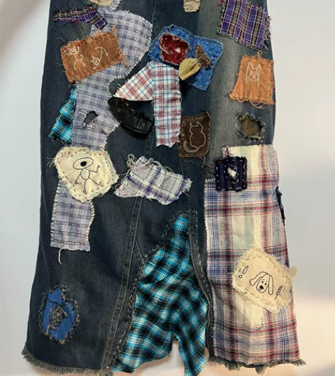 全新改造裙子植物染蓝染刺绣褴褛风补丁半身裙...