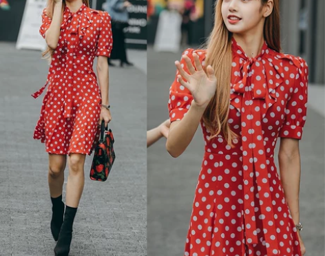 时尚复古风Lisa同款红色白点波点收腰系带...