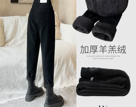 黑色加绒牛仔裤女宽松2022秋冬新款加厚高...