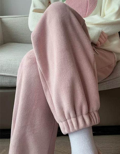 粉色加绒运动裤女秋冬季加厚外穿棉裤摇粒绒暖...