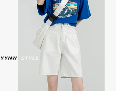 白色牛仔短裤女高腰宽松五分裤夏季直筒港味阔...