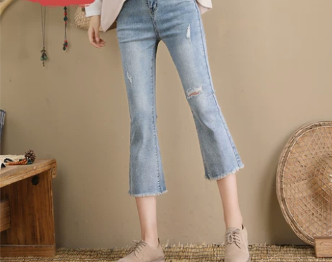 2018夏微喇裤女牛仔七分裤韩版修身显瘦高...