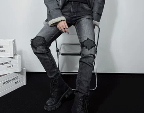 杨一帆潮牌假破洞牛仔裤男士2022秋冬季新...