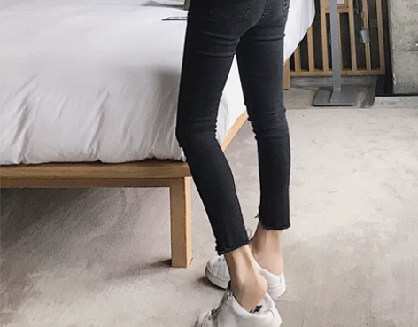 南瓜谷黑色牛仔裤女小脚铅笔裤春秋高腰九分/...