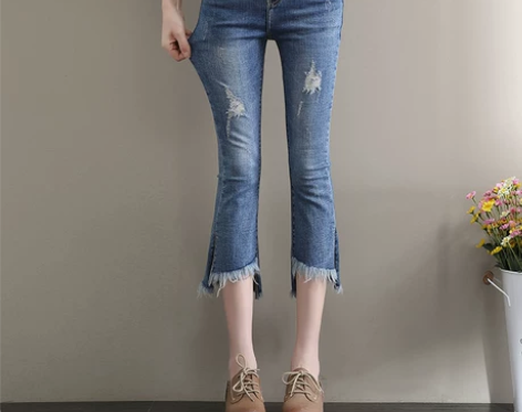 七分裤女夏韩版破洞牛仔裤百搭裤子显瘦中裤喇...