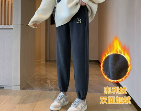 深灰加绒束脚运动裤女秋冬字母奥利绒加厚宽松...