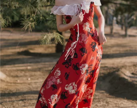 一字肩法式复古桔梗裙印花法国小众连衣裙海边...