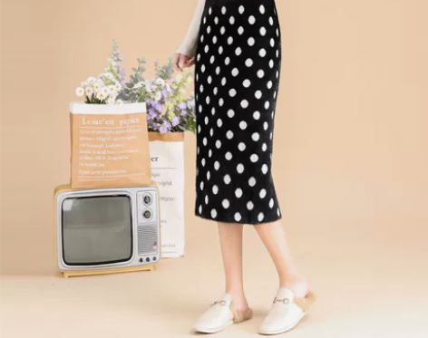 韩版新款学院风包臀显瘦半身裙黑底白波点印花...