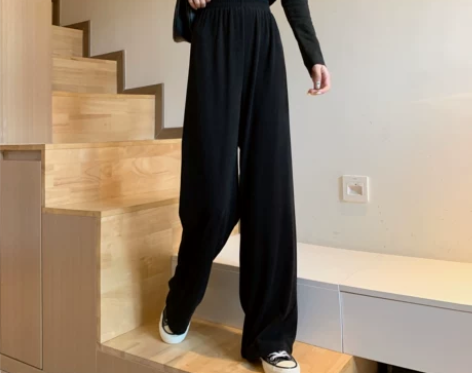 针织阔腿裤女夏季高腰宽松显瘦休闲裤，直筒拖...