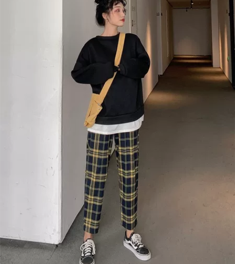 哈伦格子裤女裤子外穿宽松秋冬季高腰垂感韩版...