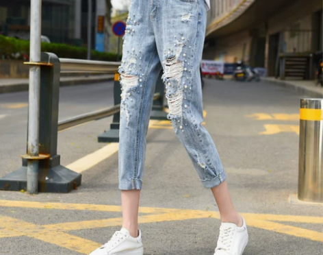 胖妹妹破洞八分裤乞丐200斤大码女装钉珠宽...