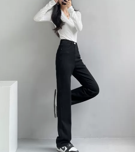 高腰黑色直筒牛仔裤女阔腿加长显瘦弹力宽松拖...