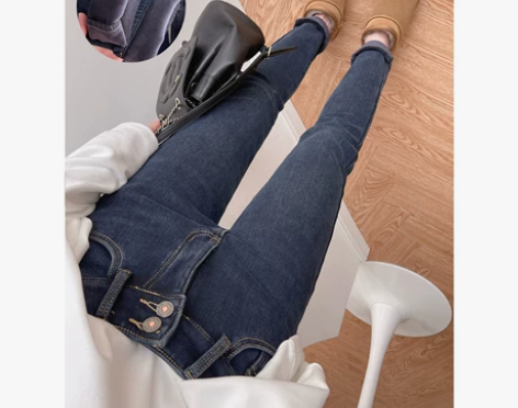 重工银狐绒加绒修身牛仔小脚裤两粒扣高腰加厚...