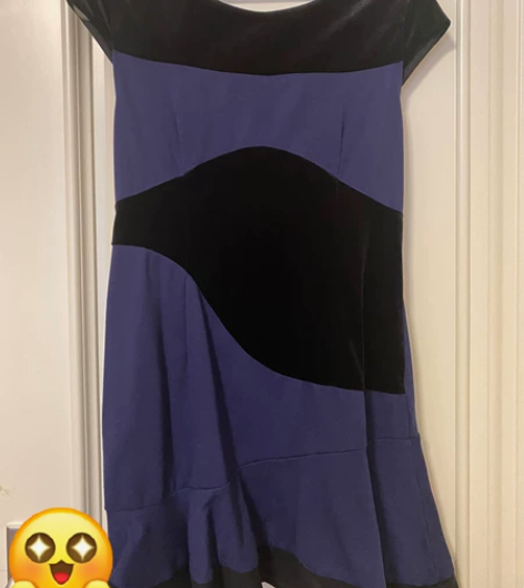 丝绒混搭蓝紫连衣裙,飘肩袖,鱼尾剪裁,尺码...