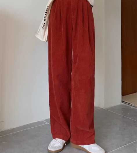 港风复古chic垂感红色灯芯绒阔腿裤子女秋...