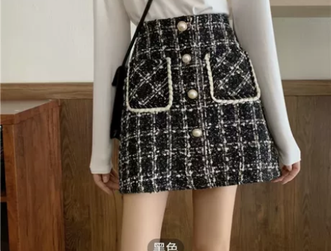 小香风毛呢格子裙子短裙A字裙半身裙女秋冬2...
