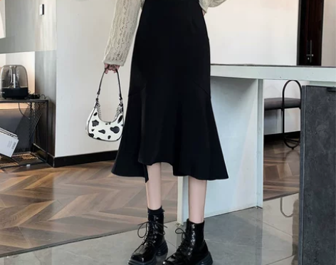 不规则鱼尾裙女秋冬2021高腰a字中长款裙...