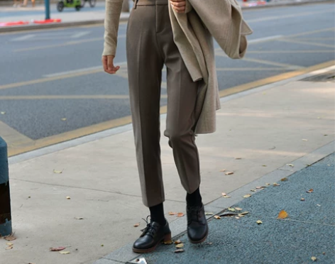 英伦茶棕毛呢休闲裤女加厚保暖九分西裤小直筒...