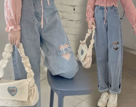 2022年夏季新款爱心破洞牛仔裤女胖妹妹m...