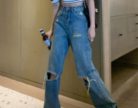 设计感小众破洞高腰小个子直筒裤女宽松阔腿牛...