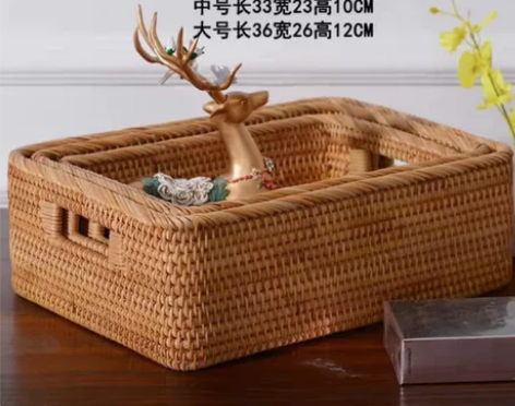 越南藤编收纳筐方形桌面零食手工编织整理收纳...