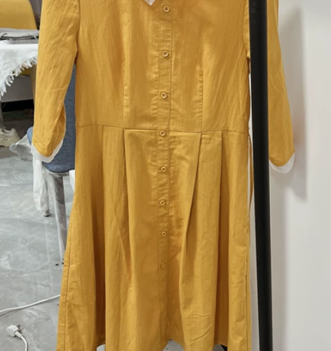 纯色绵绸娃娃领连衣裙春夏季收腰撞色衬衫裙中...