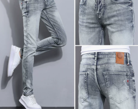 高街复古秋冬 款男牛仔裤男厚潮牌修身小脚2...