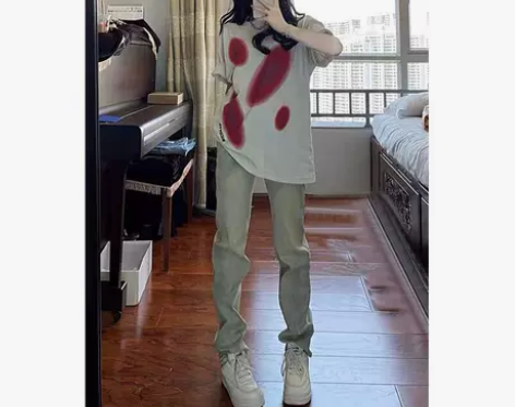 春夏季黄泥染高街水洗做旧直筒牛仔裤女高个子...