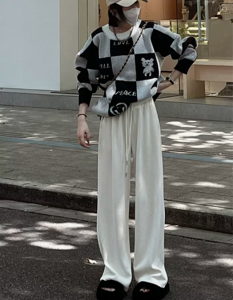 白色雪尼尔阔腿裤女秋冬2022新款宽松高