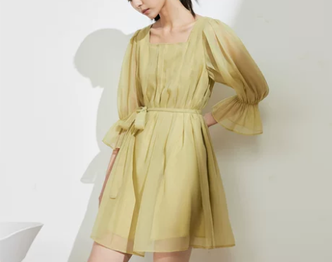 ONLY春季新款法式仙女泡泡袖方领雪纺连衣...