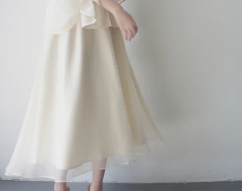 杏纱高腰松紧半身裙过膝A型伞裙气质飘逸 温...