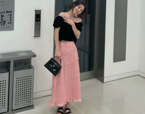 仙子花穗香粉花边半身裙夏季女鱼尾裙中长款碎...