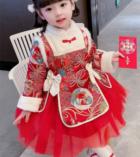 可出  女童冬天过年连衣裙可爱年服民族风裙...
