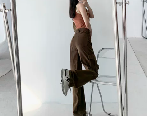 美式机能风高腰工装裤女设计感拉链口袋抽绳褶...