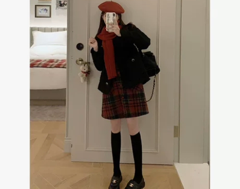 圣诞红色格纹背心裙毛呢甜美可爱连衣裙