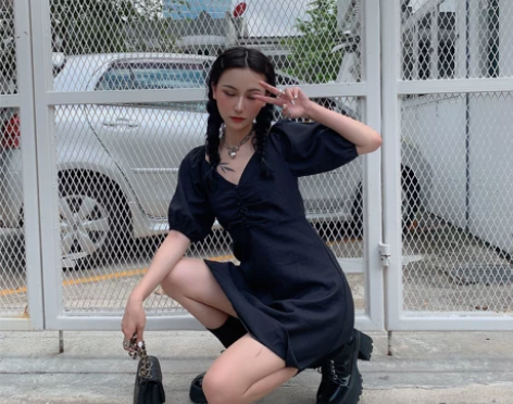 Nose自制 黑色连衣裙夏装裙子收腰女港风...