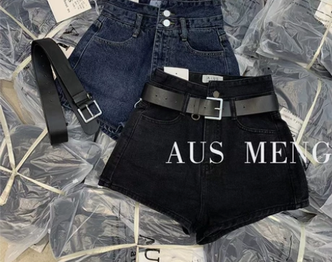AUS错位两粒扣牛仔短裤女2022夏新款高...