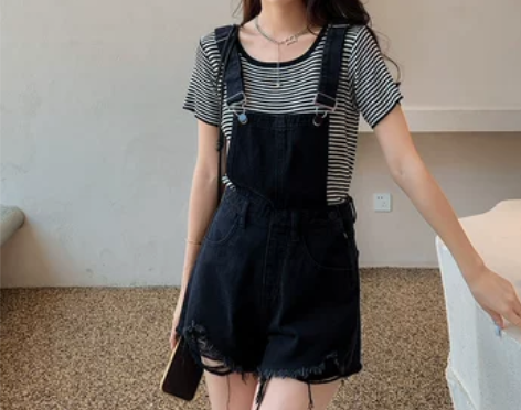 小米熊牛仔背带裤女夏2022年新款破洞宽松...