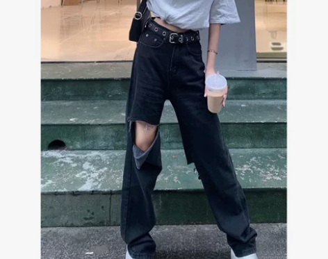 黑色高腰显瘦直筒宽松阔腿拖地破洞牛仔裤 ...